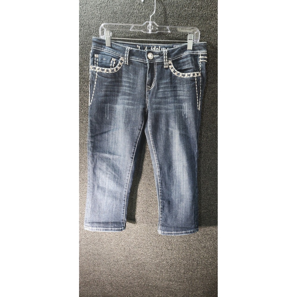 LA Idol USA Women Dark Wash Rhinestone Embellished Capri Jeans Size 9 W31 L18